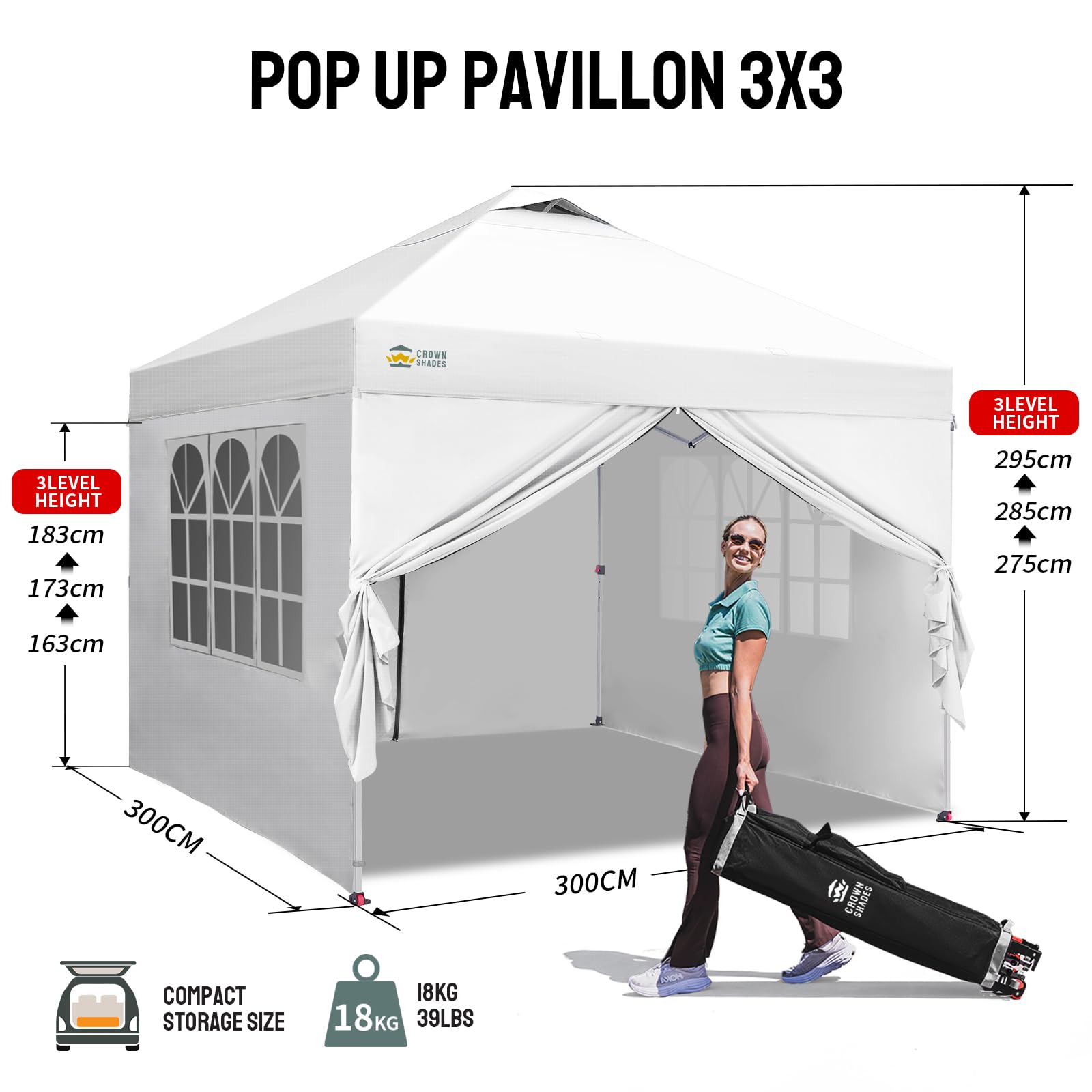 Pop-Up Pavillon 3×3 m mit 4 Seitenteilen – Wasserdicht, Stabil & Höhenverstellbar