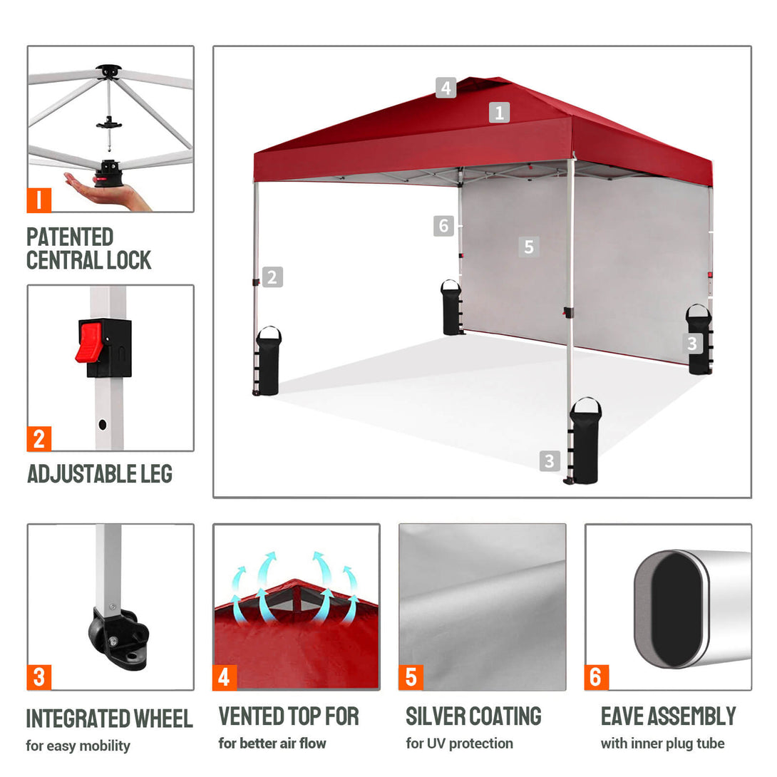 CROWN SHADES 10x10 Pop Up Canopy with 1 Side Wall - Beach Tent with One Push Setup