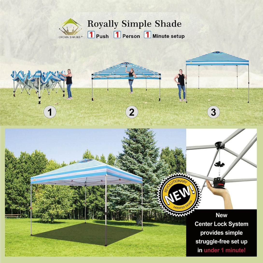 CROWN SHADES 10x10 Pop up Canopy Tent RM100H, Patented One Push Pop Up Tent with Wheeled Carry Bag