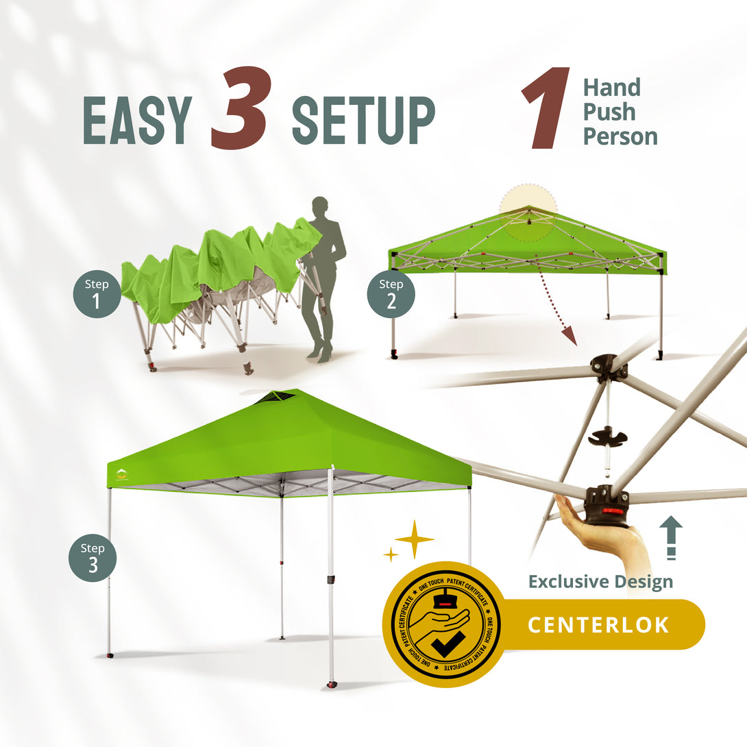 CROWN SHADES 10x10 Pop up Canopy Tent RM100H, Patented One Push Pop Up Tent with Wheeled Carry Bag