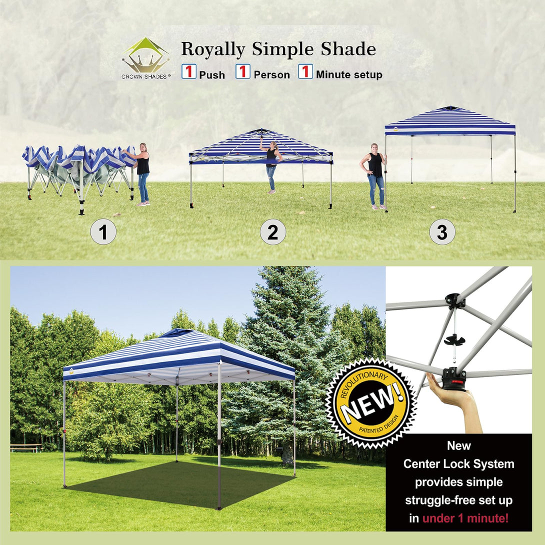 CROWN SHADES 10x10 Pop up Canopy Tent RM100H, Patented One Push Pop Up Tent with Wheeled Carry Bag