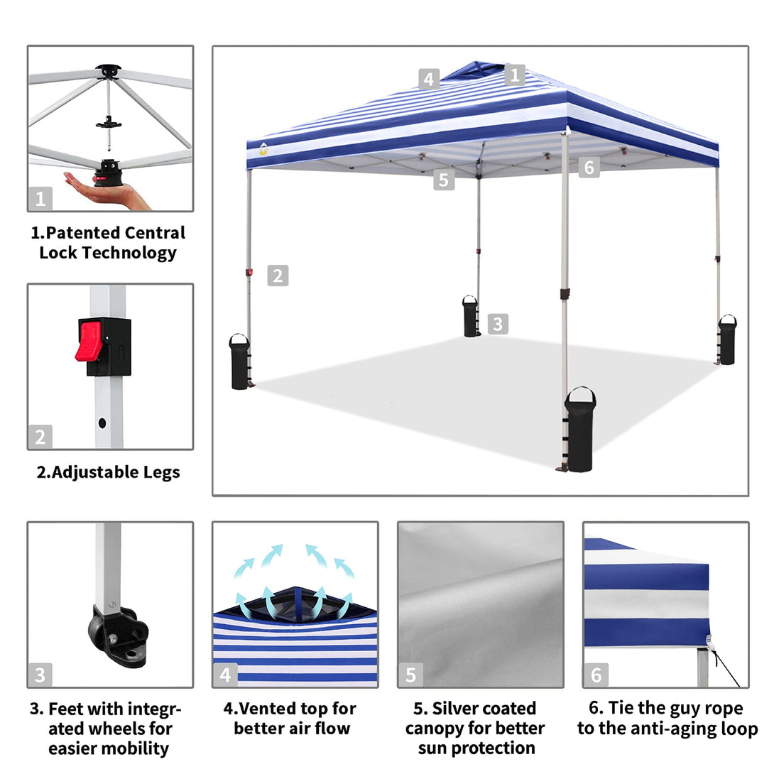 CROWN SHADES 10x10 Pop up Canopy Tent RM100H, Patented One Push Pop Up Tent with Wheeled Carry Bag