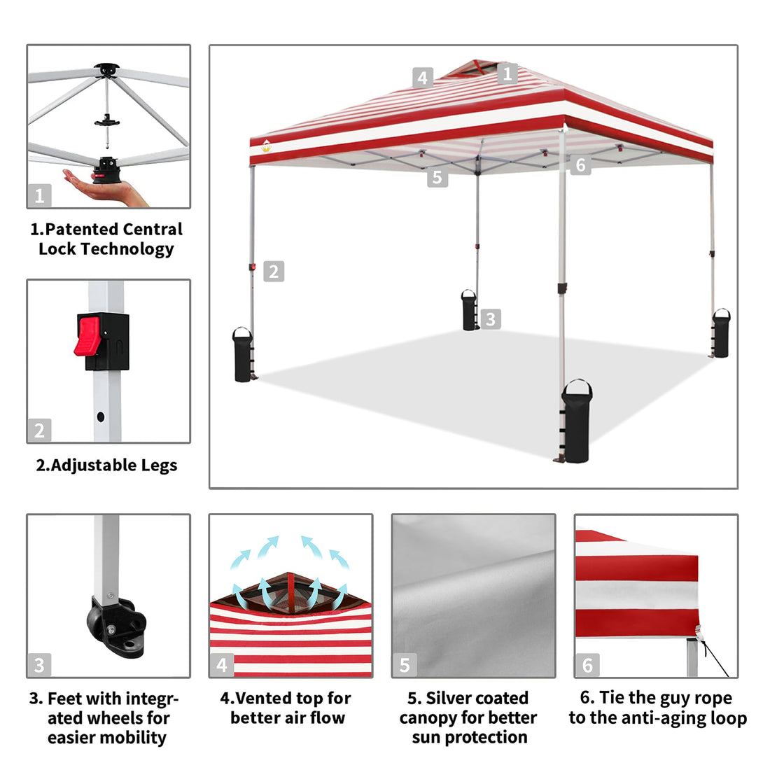 CROWN SHADES 10x10 Pop up Canopy Tent RM100H, Patented One Push Pop Up Tent with Wheeled Carry Bag