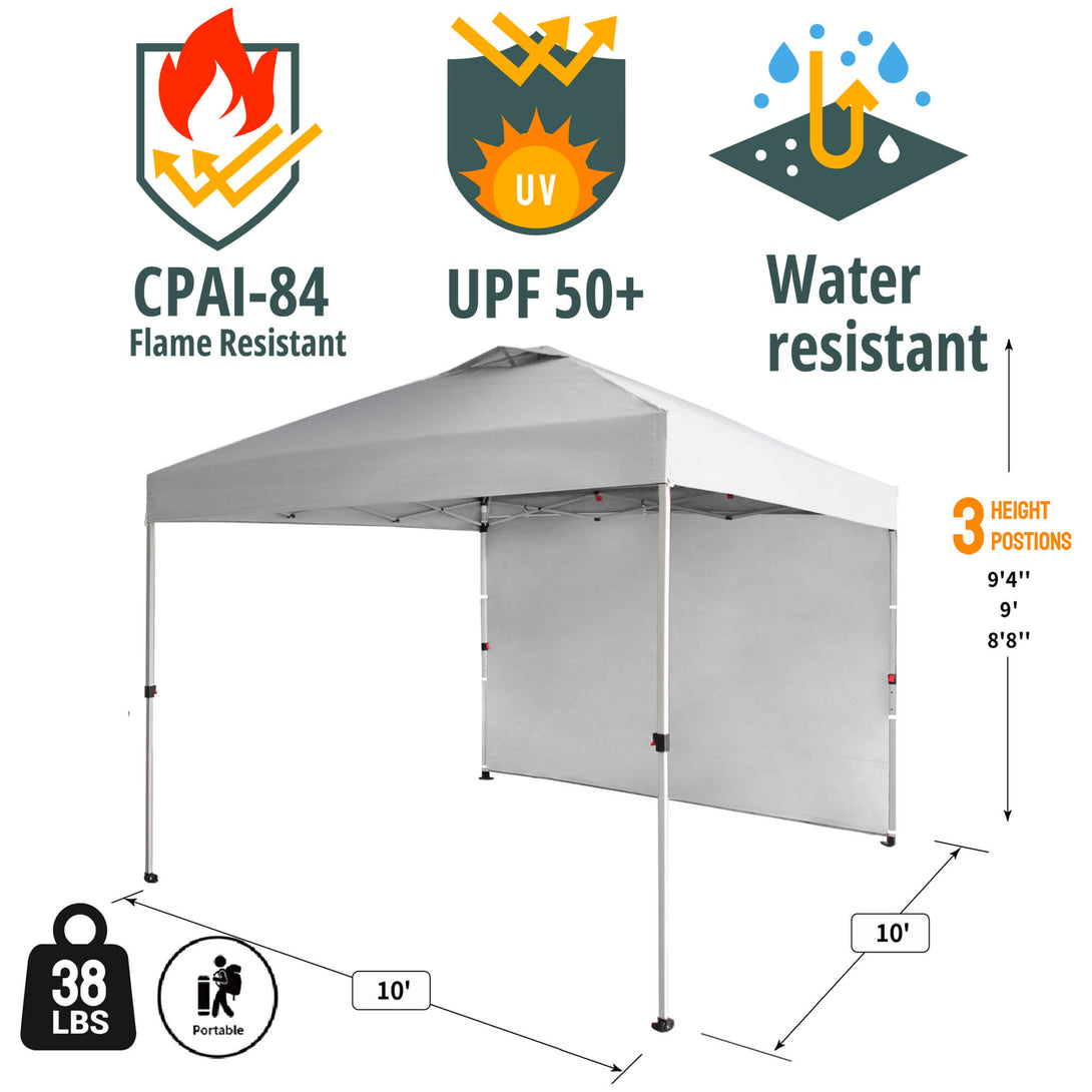 CROWN SHADES 10x10 Pop Up Canopy with 1 Side Wall - Beach Tent with One Push Setup