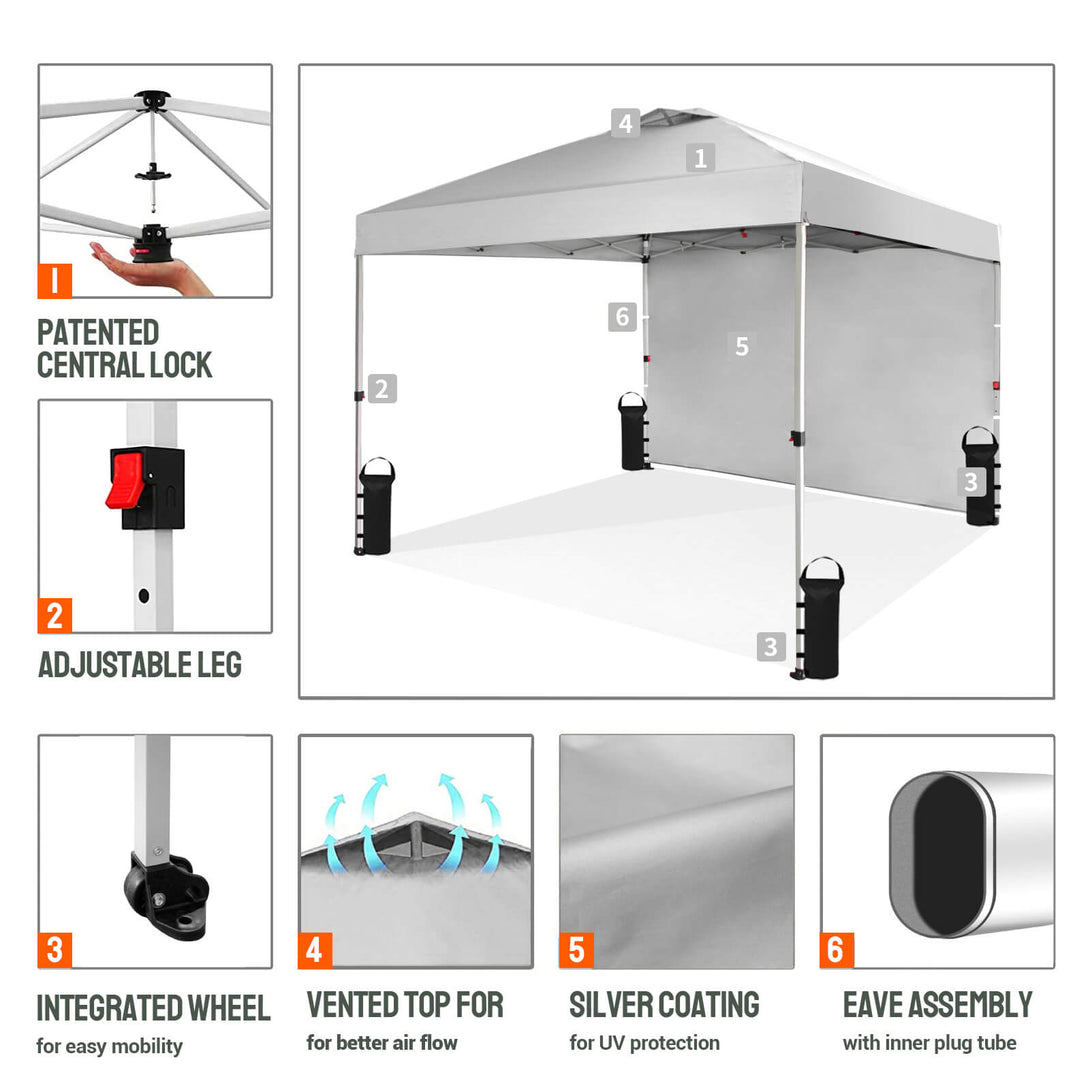 CROWN SHADES 10x10 Pop Up Canopy with 1 Side Wall - Beach Tent with One Push Setup