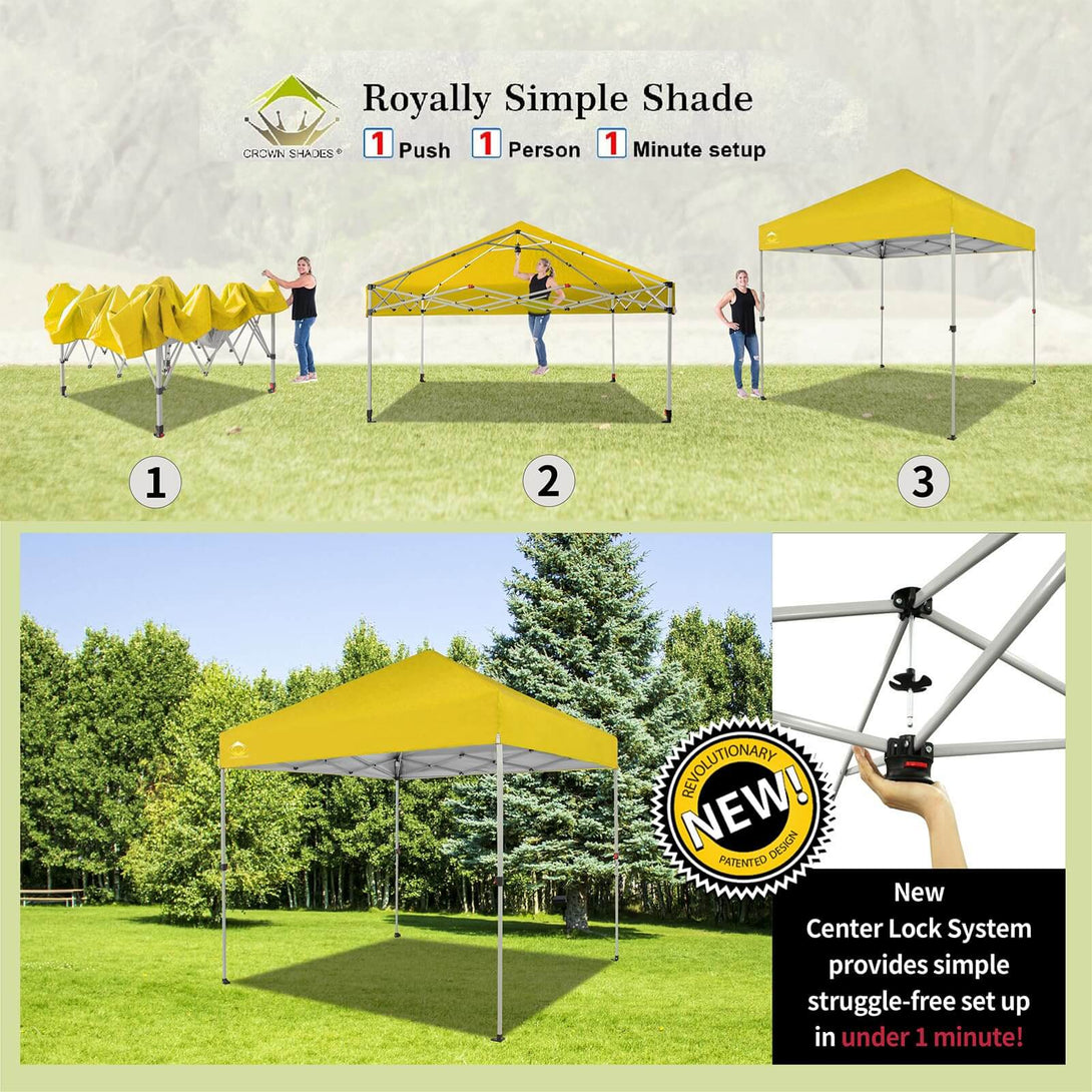 CROWN SHADES 8x8 Pop Up Canopy, Patented Center Lock One Push Tent Canopy, Newly Designed Storage Bag, 8 Stakes, 4 Ropes