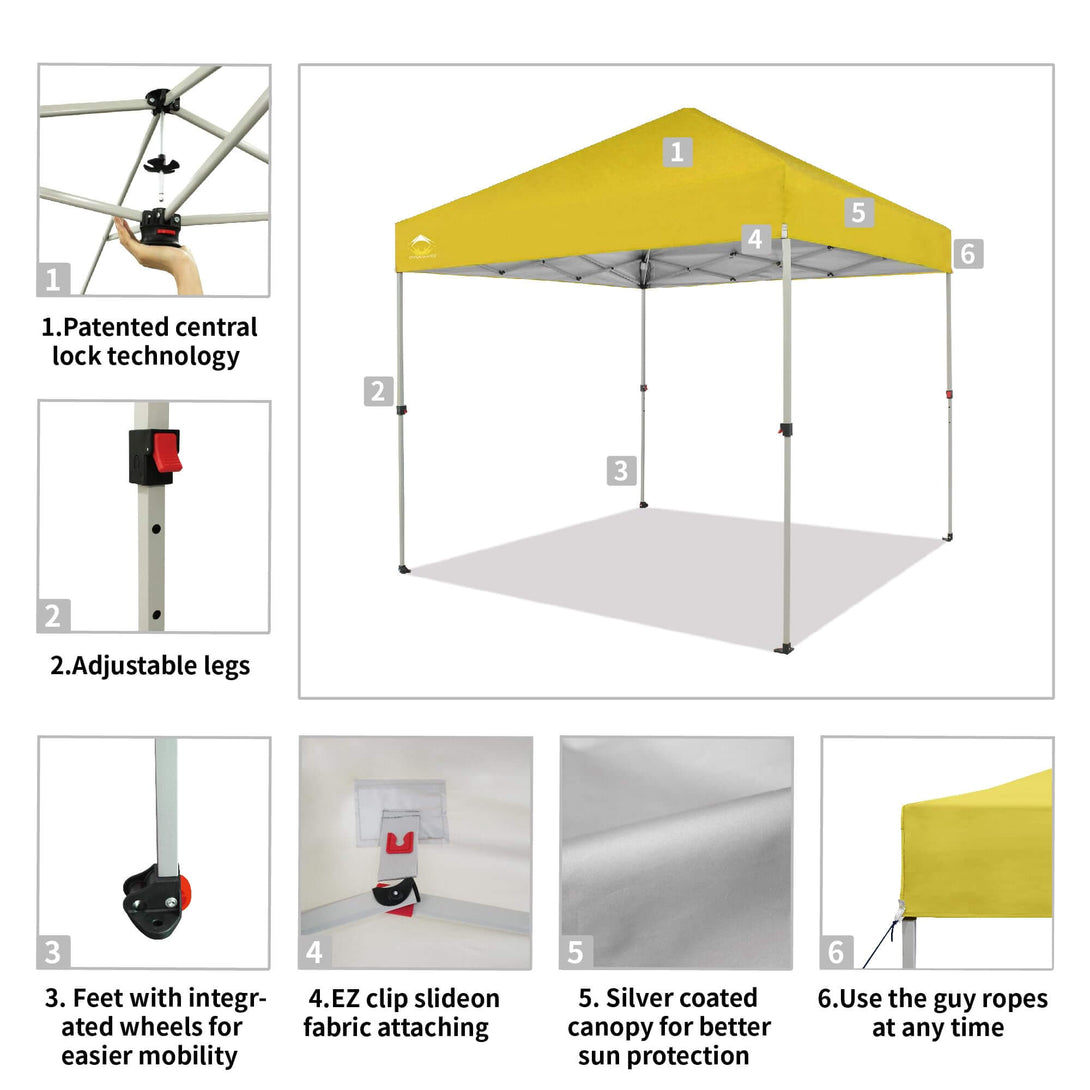 CROWN SHADES 8x8 Pop Up Canopy, Patented Center Lock One Push Tent Canopy, Newly Designed Storage Bag, 8 Stakes, 4 Ropes