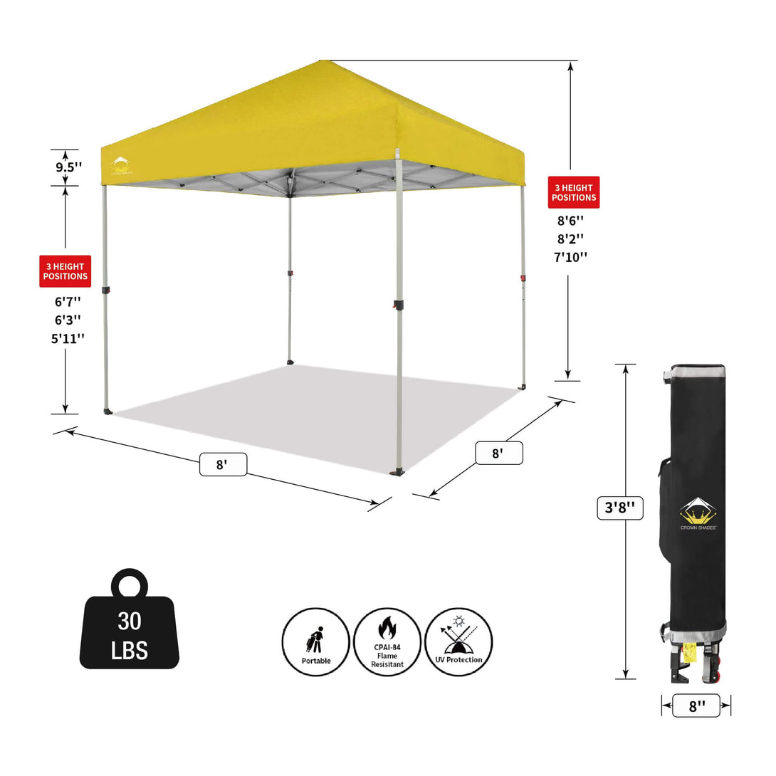 CROWN SHADES 8x8 Pop Up Canopy, Patented Center Lock One Push Tent Canopy, Newly Designed Storage Bag, 8 Stakes, 4 Ropes